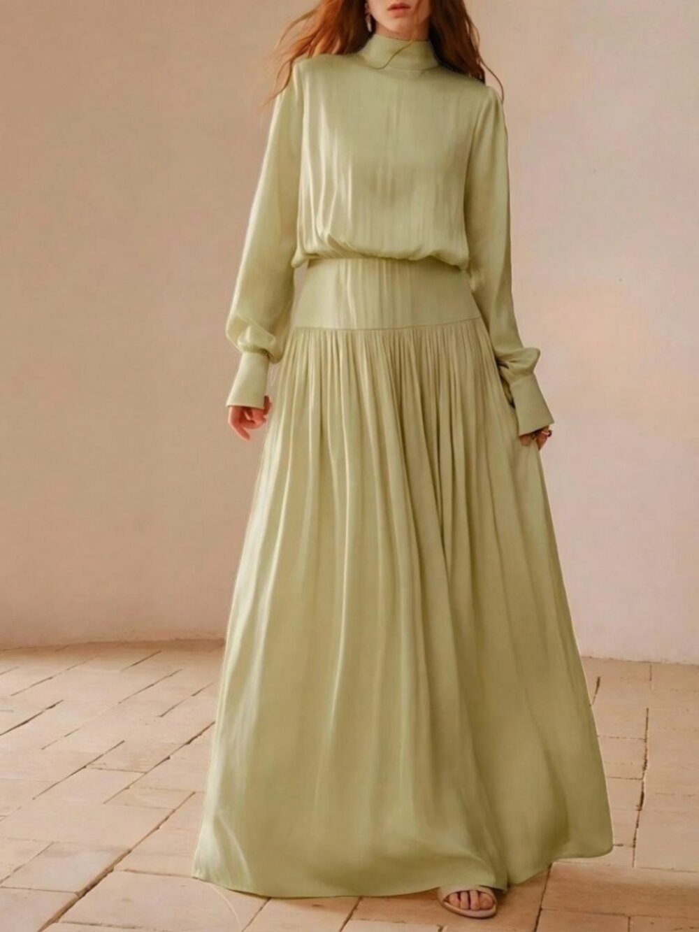Sage Green Satin Stand Collar Long Sleeve Pleated Maxi Dress